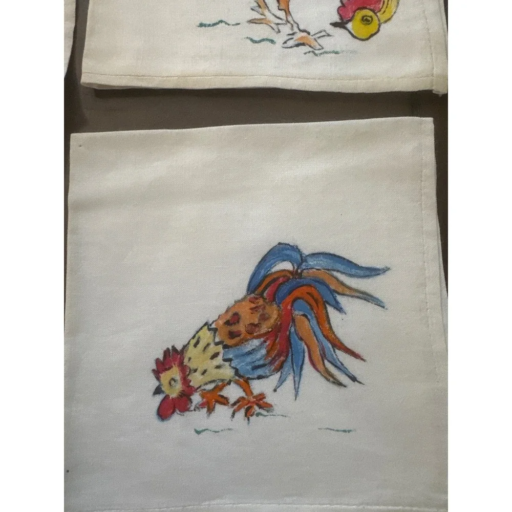 Vintage Hand Painted Rooster Linen Cocktail Napkins Set of 8 Farmhouse Folk Art